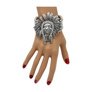 New Women Silver Elastic Band Metal Bracelet Native American Indian Head Fashion